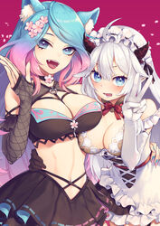  2girls animal_ears blue_eyes blue_hair blush breasts choker cleavage commentary_request cropped demon_girl demon_horns fangs flower gloves gradient_hair horns large_breasts long_hair looking_at_viewer maid multicolored_hair multiple_girls nail_polish open_mouth partial_commentary pink_hair pointy_ears silvervale silvervale_(4th_costume) smile tomobe_kinuko vei_(vtuber) vei_(vtuber)_(4th_costume) very_long_hair virtual_youtuber vshojo white_gloves white_hair wolf_ears wolf_girl 