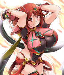  breasts earrings female gloves highres huge_breasts jewelry kurokaze_no_sora pyra_(xenoblade) red_eyes red_hair short_hair shorts skindentation solo xenoblade_chronicles_(series) xenoblade_chronicles_2 