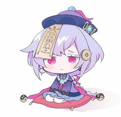  bead_necklace beads braid cape chibi chinese_clothes coin_hair_ornament commentary_request cushion earrings female genshin_impact hair_between_eyes hair_ornament hat highres jewelry jiangshi long_hair looking_at_viewer low_ponytail necklace no1shyv ofuda orb purple_eyes purple_hair qingdai_guanmao qiqi_(genshin_impact) seiza sidelocks simple_background single_braid sitting solo vision_(genshin_impact) white_background yin_yang yin_yang_orb 