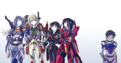  1boy 4girls 8823 :3 aegis_gundam black_hair blitz_gundam blonde_hair blue_eyes breasts buster_gundam crossed_arms damaged duel_gundam gradient_background green_eyes grey_hair gundam gundam_seed hair_behind_ear hand_on_own_hip humanization large_breasts long_hair looking_down mecha_danshi mecha_musume medium_breasts mole mole_under_eye multicolored_hair multiple_girls open_hands open_mouth sad short_hair streaked_hair strike_gundam white_hair yellow_eyes 