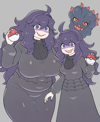  2girls @_@ age_difference aged_down ahoge alternate_breast_size black_nails breasts commentary_request curvy dual_persona grey_background hex_maniac_(pokemon) holding holding_poke_ball large_breasts long_hair long_skirt mature_female medium_breasts messy_hair misdreavus mother_and_daughter multiple_girls nail_polish plump poke_ball poke_ball_(basic) pokemon pokemon_(creature) pokemon_xy purple_eyes purple_hair shaded_face simple_background skirt smile standing translation_request turtleneck yoshino_norihito 