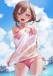  ahoge bare_shoulders bikini bikini_under_clothes breasts brown_hair chigusa_minori cloud commentary_request cowboy_shot criss-cross_halter day female hair_between_eyes halterneck in_water kokoro_iroduku_koi_ga_shitai large_breasts looking_at_viewer momose_akari nail_polish navel no_pants ocean off-shoulder_shirt off_shoulder open_mouth outdoors pink_bikini red_nails see-through shirt short_hair side-tie_bikini_bottom sky standing string_bikini swimsuit t-shirt water wet wet_clothes wet_shirt white_shirt 