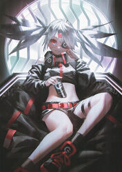  bare_shoulders belt belt_buckle black_choker black_collar black_footwear black_shirt black_shorts black_socks buckle can choker collar crop_top dive_to_zone eyepatch female fingernails grey_hair hair_ornament hairclip headphones headphones_around_neck highres holding holding_can indoors long_hair long_sleeves midriff off-shoulder_shirt off_shoulder parted_lips product_girl red_belt red_eyes reoen shirt shoes short_shorts shorts sitting smile sneakers socks solo spiked_collar spikes stomach thigh_strap thighs twintails window zipper_pull_tab zonko 