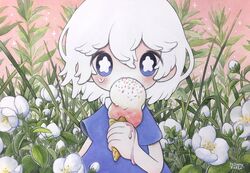  blue_hair blush bright_pupils covered_mouth dated double_scoop female flower food hair_between_eyes highres ice_cream ice_cream_cone leaf medium_hair melting original plant short_sleeves signature solo tears upper_body white_flower white_hair white_pupils zukky000 