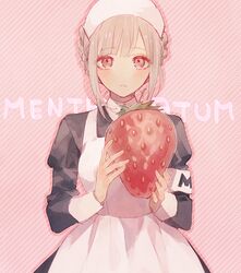  alternate_costume alternate_hair_ornament alternate_hairstyle apron black_dress blush breasts commentary confused cosplay danganronpa_(series) danganronpa_2:_goodbye_despair diagonal_stripes dress enmaided female food fruit hashimoto_kanna hashimoto_kanna_(cosplay) holding holding_food holding_fruit io_(sinking=carousel) large_breasts long_sleeves looking_at_viewer maid maid_apron maid_headdress mentholatum nanami_chiaki oversized_food oversized_object pink_background pink_eyes pink_hair rev._from_dvl revision short_hair simple_background solo strawberry striped striped_background upper_body white_apron white_headdress 