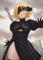  2b_(nier:automata) 2b_(nier:automata)_(cosplay) absurdres back_cutout bad_id bad_pixiv_id black_blindfold black_dress black_gloves black_thighhighs blindfold blindfold_lift blonde_hair blue_eyes breasts cleavage_cutout clothing_cutout cosplay day dress feather-trimmed_sleeves female gloves highres idolmaster idolmaster_cinderella_girls juliet_sleeves long_sleeves looking_at_viewer medium_breasts nier:automata nier_(series) outdoors parted_lips puffy_sleeves rabe_p ruins short_hair solo standing sword thighhighs umeki_otoha weapon 