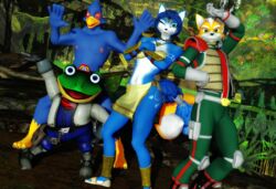  3d_(artwork) amphibian anthro avian beak bird blue_body blue_fur blue_hair bodily_fluids bottomwear canid canine clothing digital_media_(artwork) falco_lombardi feathers female fox fox_mccloud frog fur hair krystal_(star_fox) loincloth male malicekira mammal markings mikumikudance_(artwork) nintendo nude pose slippy_toad smile star_fox tribal tribal_markings warfare_fox warfare_krystal warfare_machine white_body white_fur 