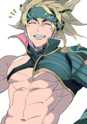  1boy abs asymmetrical_sleeves bare_pectorals black_headwear blonde_hair chest_harness fate/grand_order fate_(series) harness headband highres igote large_pectorals male_focus muscular muscular_male n_3203 navel official_alternate_costume pectorals sakata_kintoki_(fate) sakata_kintoki_(heian_warrior_attire)_(fate) single_bare_shoulder smile solo uneven_sleeves 