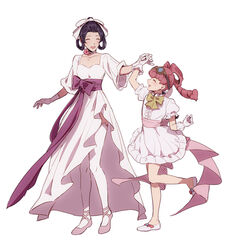  2girls bow dress formal full_body gloves goggles goggles_on_head gyakuten_saiban hair_rings highres holding_hands iris_wilson multiple_girls pink_hair simple_background smile sophie_(693432) susato_mikotoba the_great_ace_attorney thighhighs white_background white_bow white_dress white_gloves yellow_bow 