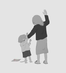  1boy academic_test avogado6 bruise child_abuse closed_eyes colored_skin commentary domestic_violence female grading grey_hair hand_up hitting holding_another&#039;s_wrist injury long_sleeves mother_and_son original paper shirt shorts skirt slippers socks spot_color test_score white_skin 