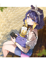  absurdres alternate_costume alternate_hair_length alternate_hairstyle bare_shoulders bench blue_eyes blunt_bangs blush bracelet bubble_tea cellphone drinking drinking_straw female hairband highres hololive hololive_english jewelry looking_at_viewer lucferz mole mole_under_eye ninomae_ina&#039;nis phone pointy_ears purple_hair short_hair shorts sidelocks sitting smartphone takodachi_(ninomae_ina&#039;nis) tentacle_hair virtual_youtuber 