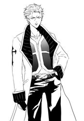  1boy bad_id bad_twitter_id belt commentary_request eni_(yoyogieni) final_fantasy final_fantasy_viii gloves greyscale hand_in_pocket jewelry line_art long_coat male_focus midriff monochrome navel scar scar_on_face seifer_almasy short_hair solo upper_body white_background 