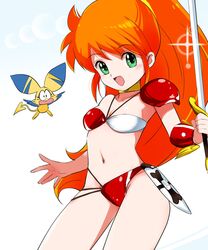  1boy absurdres armor bikini bikini_armor breasts caron_(rall) choker cream_lemon felulu_(rall) female green_eyes highres long_hair navel open_mouth orange_hair pauldrons ponytail red_bikini sf_choujigen_densetsu_rall shoulder_armor side-tie_bikini_bottom small_breasts smile swimsuit sword tanaka_yutaka thighs vambraces weapon 