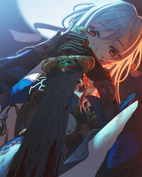  backlighting bare_legs black_gloves blood blood_on_clothes blood_on_face blue_dress commentary dress empty_eyes english_commentary expressionless female from_below full_moon gloves highres holding holding_sword holding_weapon honkai:_star_rail honkai_(series) huge_moon jingliu_(honkai:_star_rail) kneeling looking_at_viewer looking_down moon night night_sky outdoors red_eyes sidelocks sky solo sword tksm_66 watermark weapon white_hair 