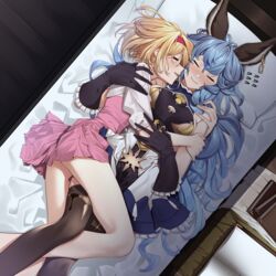  2girls absurdres animal_ears bare_legs bed black_gloves blonde_hair blue_hair blush book breasts closed_eyes commentary cuddling djeeta_(granblue_fantasy) dress earrings erune feet_out_of_frame ferry_(granblue_fantasy) fighter_(granblue_fantasy) flying_sweatdrops frills gloves granblue_fantasy hairband highres hug indoors jewelry long_hair lying medium_breasts messy_hair multiple_girls on_back on_bed on_side pillow rabbit_ears short_hair skirt smile soruna_(nell) spooning thighs very_long_hair yuri 