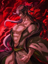  1boy abs ashiya_douman_(fate) asymmetrical_hair bell black_eyes black_hair collarbone curly_hair earrings eyeshadow fate/grand_order fate_(series) fingernails from_side green_eyeshadow green_kimono green_lips green_nails hadanugi_dousa hair_bell hair_between_eyes hair_intakes hair_ornament head_tilt japanese_clothes jewelry kimono lipstick long_hair magatama magatama_earrings makeup male_focus multicolored_hair muscular muscular_male nipples nonono_nagata onmyouji open_clothes open_kimono pectorals sharp_fingernails smoke solo thick_thighs thighs two-tone_hair very_long_fingernails very_long_hair white_hair 