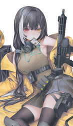  black_gloves black_hair black_skirt breasts colt_9mm_smg dmith english_commentary feet_out_of_frame female girls&#039;_frontline gloves gun heterochromia highres holding holding_gun holding_weapon id_card jacket knee_pads lanyard long_hair looking_at_viewer lying mask mask_around_neck mouth_hold multicolored_hair noveske_space_invader open_clothes open_jacket pleated_skirt red_eyes ro635_(girls&#039;_frontline) ro635_(mod3)_(girls&#039;_frontline) skirt solo streaked_hair submachine_gun weapon white_background white_hair yellow_eyes yellow_jacket 