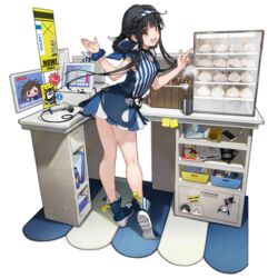  adeline_(girls&#039;_frontline) alina_(girls&#039;_frontline) animal_bag baozi barcode_scanner black_hair blue_dress blue_footwear blue_hairband blue_scrunchie boots braid breasts brown_eyes cabinet cash_register cashier cat_bag cellphone cleavage_cutout clipboard clothing_cutout colored_shoe_soles company_name copyright_name counter dinergate_(girls&#039;_frontline) dress english_text female food food_art french_braid full_body girls&#039;_frontline goliath_(girls&#039;_frontline) griffin_&amp;_kryuger hairband highres imoko_(imonatsuki) index_finger_raised lawson leaning_forward legs long_hair looking_at_viewer looking_back medium_breasts no_socks notepad nyto_(girls&#039;_frontline) official_alternate_costume official_art open_mouth paradeus phone qbu-88_(girls&#039;_frontline) qbu-88_(morning_au_lait)_(girls&#039;_frontline) sangvis_ferri scissors scrunchie shoe_soles simple_background sleeveless sleeveless_dress smartphone smile solo standing steam sticker sticky_note store_clerk striped_clothes striped_dress striped_footwear striped_hairband tablet_pc tako-san_wiener teeth third-party_source tissue_box transparent_background upper_teeth_only vertical-striped_clothes vertical-striped_dress vertical-striped_footwear white_hairband wrist_scrunchie 