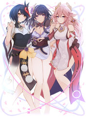  3girls absurdres akao_kito bare_shoulders black_hair breasts cleavage detached_sleeves full_body genshin_impact hair_ornament heart highres japanese_clothes kimono kujou_sara large_breasts legs long_hair long_sleeves looking_at_viewer mask mask_on_head multiple_girls nontraditional_miko purple_eyes purple_hair raiden_shogun short_hair simple_background white_background wide_sleeves yae_miko 