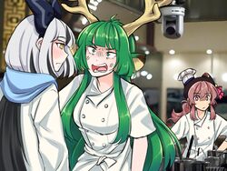  3girls anger_vein angry animal_ears antlers arai_shinomiya black_bow black_hair bow breasts chef_hat english_commentary green_eyes green_hair grey_hair hairbow haruka_karibu hat hell&#039;s_kitchen horns indie_virtual_youtuber kitchen long_hair medium_breasts moose_ears multicolored_hair multiple_girls photo_background pink_eyes red_hair reindeer_girl sanpaku shimae_yukino shinomiya_arts shouting streaked_hair tied_hair very_long_hair virtual_youtuber yellow_eyes 