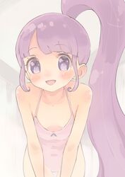  bare_shoulders blush female flat_chest gradient_hair hands_on_thighs high_side_ponytail highres hyakumangoku_masurao leaning_forward long_hair manaka_non multicolored_hair open_mouth pretty_series pripara purple_eyes purple_hair side_ponytail sidelocks smile solo 