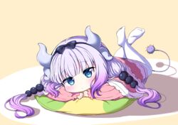  absurdres beads blue_eyes blunt_bangs bow dragon_girl dragon_horns dress feet female full_body hair_beads hair_ornament hairbow highres horns kanna_kamui kobayashi-san_chi_no_maidragon legs_up long_hair looking_at_viewer low_twintails lying no_shoes on_stomach pillow pink_dress pink_hair ribbon soles solo tail the_pose thighhighs twintails white_thighhighs yukki_bunny 