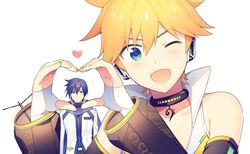  2boys ? bare_shoulders bass_clef black_sleeves blonde_hair blue_eyes blue_hair blue_scarf coat collar commentary detached_sleeves forced_perspective headphones heart heart_hands kagamine_len kagamine_len_(append) kaito_(vocaloid) kaito_(vocaloid3) looking_at_viewer male_focus multiple_boys one_eye_closed open_mouth scarf see-through see-through_sleeves sinaooo smile symbol-only_commentary upper_body v-shaped_eyebrows vocaloid vocaloid_append white_background white_coat 