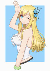  anarchojs bare_arms bare_shoulders blonde_hair blue_background blue_eyes blush boku_wa_tomodachi_ga_sukunai breasts bug butterfly butterfly_hair_ornament commentary female from_side green_scrunchie hair_ornament highres kashiwazaki_sena large_breasts long_hair looking_at_viewer one_eye_closed scrunchie shirt simple_background smile solo white_background white_shirt wrist_scrunchie 