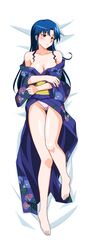  1990s_(style) barefoot bed_sheet blue_eyes blue_hair blush breasts collarbone dakimakura_(medium) female floral_print fujiwara_aya full_body highres japanese_clothes kimono large_breasts long_hair long_sleeves non-web_source off_shoulder official_art panties pantyshot photoshop_(medium) print_kimono retro_artstyle solo super_real_mahjong tanaka_ryou underwear yukata 