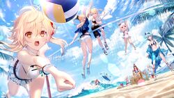  3boys 6+girls absurdres aether_(genshin_impact) alternate_costume amber_(genshin_impact) ass barbara_(genshin_impact) barbara_(summertime_sparkle)_(genshin_impact) beach beach_volleyball bikini black_hair black_shorts blonde_hair blue_bikini blue_hair blue_sky blush bow braid braided_ponytail breasts brown_hair bump_(volleyball) casual_one-piece_swimsuit choker cleavage cloud cloudy_sky commentary_request day diluc_(genshin_impact) dress_swimsuit drill_hair eula_(genshin_impact) flower genshin_impact goggles goggles_on_head grey_eyes hair_between_eyes hair_flower hair_ornament hair_ribbon hairband hairbow halo hat highres horizon jean_(genshin_impact) jean_(sea_breeze_dandelion)_(genshin_impact) kaeya_(genshin_impact) klee_(genshin_impact) kneeling large_breasts light_brown_hair long_hair looking_at_viewer low_ponytail low_twintails lumine_(genshin_impact) mashima_saki_(mashimasa) md5_mismatch mechanical_halo medium_hair midriff multiple_boys multiple_girls navel ocean official_alternate_costume one-piece_swimsuit open_mouth outdoors paimon_(genshin_impact) pointy_ears ponytail red_hair ribbon sand sand_castle sand_sculpture sarong shirt short_hair shorts sidelocks single_braid sky sun_hat sunlight surfboard surfing swimsuit twin_drills twintails volleyball volleyball_net white_bikini white_hair white_one-piece_swimsuit white_shirt white_shorts yellow_eyes 