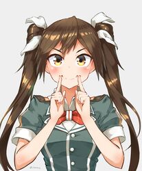  blush bow bowtie breasts brown_eyes brown_hair buttons female green_jacket hair_between_eyes hair_ornament hair_ribbon highres izumikuma jacket kantai_collection long_hair looking_at_viewer medium_breasts red_bow red_bowtie ribbon short_sleeves smile solo tone_(kancolle) twintails upper_body white_ribbon 