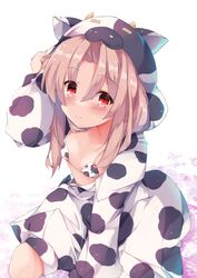  animal_ears animal_hood animal_print arm_up bikini blush breasts brown_hair closed_mouth commentary_request cow_ears cow_hood cow_horns cow_print dress fake_animal_ears fake_horns female fuuna hair_between_eyes highres hood hood_up hooded_dress horns kantai_collection long_hair long_sleeves looking_at_viewer parted_bangs print_bikini print_dress red_eyes seiza sitting small_breasts smile solo swimsuit white_background white_bikini white_dress zuihou_(kancolle) 