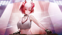  absurdres alternate_costume animal_ears arknights bad_id bad_pixiv_id bare_shoulders binggong_asylum bird_ears black_gloves breasts cross cross_necklace dj female fiammetta_(arknights) gloves highres jewelry large_breasts looking_at_viewer navel necklace pink_hair red_eyes short_hair solo stomach upper_body 