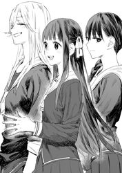  3girls blush braid closed_eyes closed_mouth fingernails fruits_basket greyscale hair_over_one_eye hair_ribbon hanajima_saki hatching_(texture) highres honda_tohru long_hair monochrome multiple_girls open_mouth own_hands_together ribbon school_uniform serafuku simple_background smile takuan_(takuanlunch) teeth tongue uniform uotani_arisa upper_teeth_only white_background 