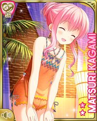  camisole character_name closed_eyes female girlfriend_(kari) groin hair_bun hands_on_own_thighs kagami_matsuri leaning_forward long_hair official_art open_mouth orange_camisole orange_shorts pink_hair qp:flapper short_shorts shorts single_hair_bun smile solo 