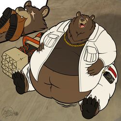  1:1 2022 4_toes 5_fingers absurd_res after_vore almost_fully_inside anthro barefoot bear belly ben_bigger big_belly black_pawpads boots bottomwear brown_body brown_clothing brown_fur brown_shirt brown_topwear clothing cutaway dralffeine duo exposed_belly eye_scar facial_scar feet fingers footwear fully_inside fur half-closed_eyes hand_on_belly hands_on_belly hi_res huge_belly jacket lidded_eyes looking_at_belly looking_down looking_down_at_self male mammal mihoyo narrowed_eyes navel obese obese_anthro obese_male open_mouth oral_vore overweight overweight_anthro overweight_male pants partially_inside pawpads pink_tongue scar shirt sitting solo solo_focus teeth toes tongue topwear vore weight_gain white_bottomwear white_clothing white_jacket white_pants white_topwear zenless_zone_zero 