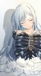  absurdres ak-12_(girls&#039;_frontline) android chinese_commentary closed_eyes closed_mouth collarbone commentary_request cy9 expressionless female flower girls&#039;_frontline gradient_background grey_hair head_tilt highres long_hair lotus mechanical_parts missing_limb petals ribs shadow simple_background skeleton solo torn_skin upper_body white_flower 