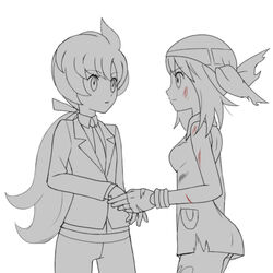  2girls anabel_(pokemon) asatsuki_(fgfff) bandana bare_arms blood blood_on_arm blood_on_face breasts closed_mouth collared_shirt commentary_request dress eyelashes from_side greyscale hair_ribbon holding_hands jacket long_hair may_(pokemon) monochrome multiple_girls necktie pants pokemon pokemon_emerald pokemon_rse pokemon_sm ponytail ribbon scrape shirt short_dress tied_hair 