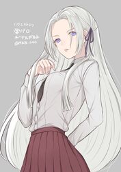  akina_(akn_646) alternate_costume edelgard_von_hresvelg female fire_emblem fire_emblem:_three_houses grey_background hair_ribbon highres long_hair long_sleeves necktie parted_lips purple_eyes ribbon simple_background solo twitter_username white_hair 