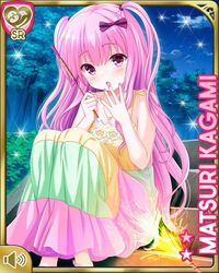  blush bow character_name cloud dress female fireworks girlfriend_(kari) hairbow hand_to_own_mouth jewelry kagami_matsuri knees_up long_hair looking_at_viewer multicolored_clothes multicolored_dress necklace night night_sky official_art open_mouth outdoors pink_eyes pink_hair qp:flapper ribbon sitting sky solo sparkler stairs star_(sky) sundress tree two_side_up 