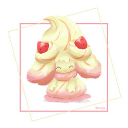  ^_^ alcremie alcremie_(ruby_swirl) alcremie_(strawberry_sweet) closed_eyes creature facing_viewer full_body gen_8_pokemon no_humans pokemon pokemon_(creature) shiinata signature simple_background solo standing white_background 