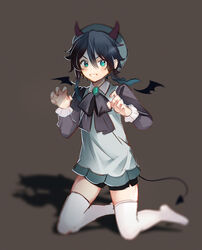  1boy androgynous black_hair black_skirt blue_eyes blue_hair blush demon_boy demon_horns demon_tail demon_wings genshin_impact highres horns kokyuu_(youxiangzhou) long_sleeves looking_at_viewer male_focus miniskirt multicolored_hair otoko_no_ko skirt smile solo tail thighhighs venti_(genshin_impact) venti_(halloween)_(genshin_impact) wings 