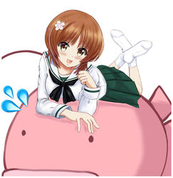  absurdres anglerfish bad_id bad_pixiv_id black_neckerchief blouse brown_eyes brown_hair commentary crossed_ankles emblem female fish flower flying_sweatdrops girls_und_panzer green_skirt hair_flower hair_ornament head_tilt highres long_sleeves looking_at_viewer lying miniskirt neckerchief nishizumi_miho no_shoes on_stomach ooarai_school_uniform open_mouth pleated_skirt sailor_collar school_uniform serafuku shirt short_hair simple_background skirt smile socks solo white_background white_sailor_collar white_shirt white_socks zaofeng 