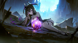  95--- absurdres bare_shoulders black_footwear black_hair breasts cleavage commentary_request earrings elbow_gloves epic_seven female gloves highres horns jewelry long_hair looking_at_viewer lying on_side purple_eyes smile solo specter_tenebria_(dark_tyrant)_(epic_seven) specter_tenebria_(epic_seven) tenebria_(epic_seven) very_long_hair 