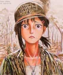  1boy 2girls absurdres brown_eyes brown_hair chainsaw_man collarbone combat_helmet commentary denji_(chainsaw_man) dog_tags efairu_666 english_commentary fatigues feline fine_art_parody forest frown hair_ornament hairclip helmet higashiyama_kobeni highres jacket looking_at_viewer m1_helmet medium_hair meowy_(chainsaw_man) mole multiple_girls multiple_moles nature open_clothes open_jacket outdoors parody portrait power_(chainsaw_man) ptsd shirt single_sidelock soldier solo_focus staring straight-on the_two-thousand_yard_stare thousand_yard_stare tilted_headwear torn_clothes torn_jacket traditional_media tree upper_body watermark white_shirt wide-eyed 