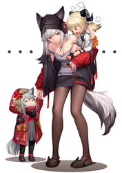  3girls absurdres aged_down am1m anger_vein animal_ears arknights bare_shoulders beanie behind-the-head_headphones black_legwear breasts cleavage coat commentary ears_through_headwear fox_ears fox_girl fox_tail frostleaf_(arknights) fur-trimmed_hood fur_trim grey_hair grey_shirt hat headphones highres hood hood_up hooded_coat hooded_jacket horns ifrit_(arknights) implied_extra_ears jacket mask mask_around_neck medium_breasts multiple_girls orange_eyes pencil_skirt platinum_blonde_hair projekt_red_(arknights) red_coat red_eyes red_jacket red_sleeves shirt skirt tail white_background wolf_ears wolf_girl wolf_tail 