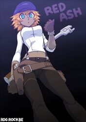  artist_name belt blonde_hair blue_eyes breasts cabbie_hat call_(red_ash) copyright_name dark-skinned_female dark_skin female gloves hat holster long_hair looking_at_viewer midriff navel red_ash rog_rockbe simple_background solo suspenders wrench 