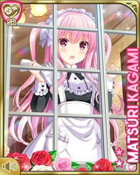  apron arms_up black_dress blush character_name cloth dress female flower girlfriend_(kari) indoors kagami_matsuri long_hair maid maid_headdress official_art open_mouth pink_eyes pink_hair qp:flapper rose solo two_side_up white_apron window 