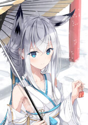  absurdres ahoge animal_ears aqua_eyes armpits azur_lane black_hair blush breasts commentary_request crossed_bangs detached_sleeves dot_nose emimeku female fox_ears fox_girl grey_hair hair_between_eyes highres holding holding_umbrella japanese_clothes kawakaze_(azur_lane) kawakaze_(unsullied_white_fox)_(azur_lane) kimono long_hair long_sleeves looking_at_viewer medium_breasts official_alternate_costume oil-paper_umbrella omamori parasol partial_commentary ribbon-trimmed_sleeves ribbon_trim sash smile snow snowing solo standing tied_hair torii umbrella white_kimono white_umbrella wide_sleeves 