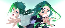  2girls black_jacket blue_eyes bow gradient_background green_bow green_eyes green_hair hairbow horns jacket long_hair looking_at_viewer macross macross_delta macross_delta:_zettai_live!!!!!! mosako multiple_girls open_mouth portrait reina_prowler single_horn sleeves_past_wrists smile v-shaped_eyebrows yami_reina 